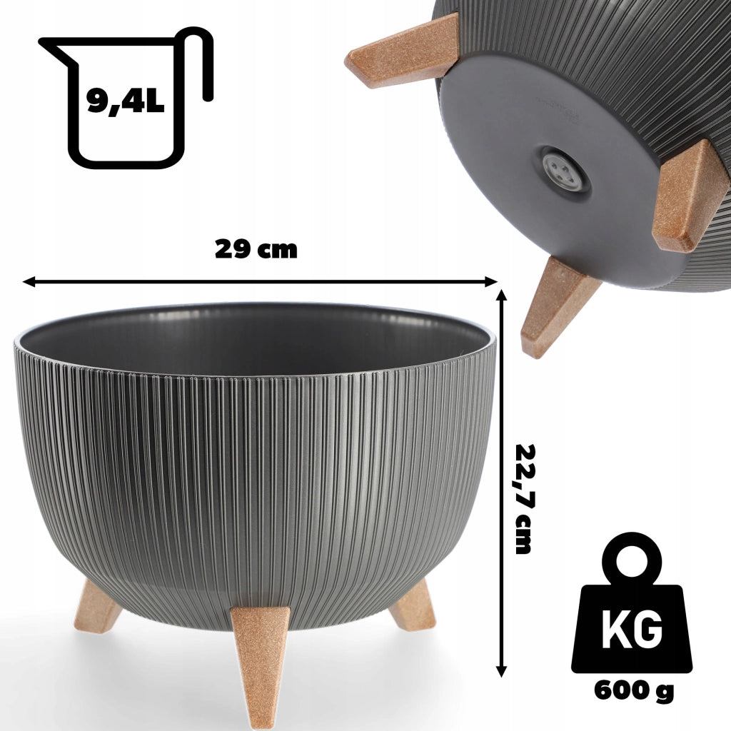 Vaso da fiori KADAX, fioriera, coperchio, gambe, inserto, supporto per fiori, 29 cm, grafite, ciotola rotonda