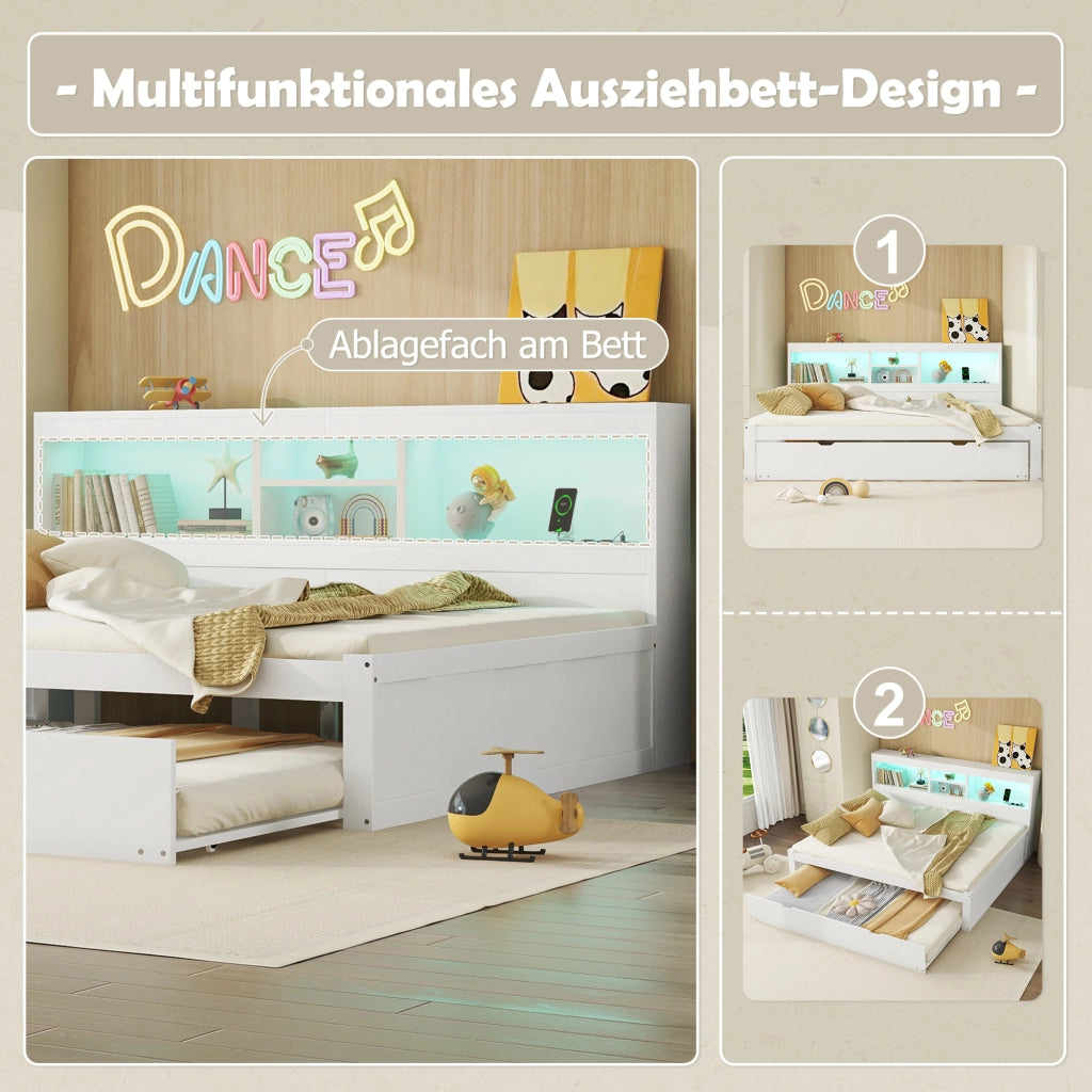LETTO estraibile 140x200 cm bianco con LED, presa, USB e vano laterale