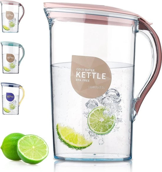 Karaf con coperchio, adatto per tè, succo e bevande fredde, 2,1L Karaf, realizzato in PET trasparente, materiale di fibra plastica inodore, BPA-free (rosso)