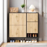 Scarpiera con sgabello per cambio scarpe, 3 ante con ripiani, 100x25x100 cm, Nero e Legno naturale