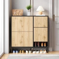 Scarpiera con sgabello per cambio scarpe, 3 ante con ripiani, 100x25x100 cm, Nero e Legno naturale