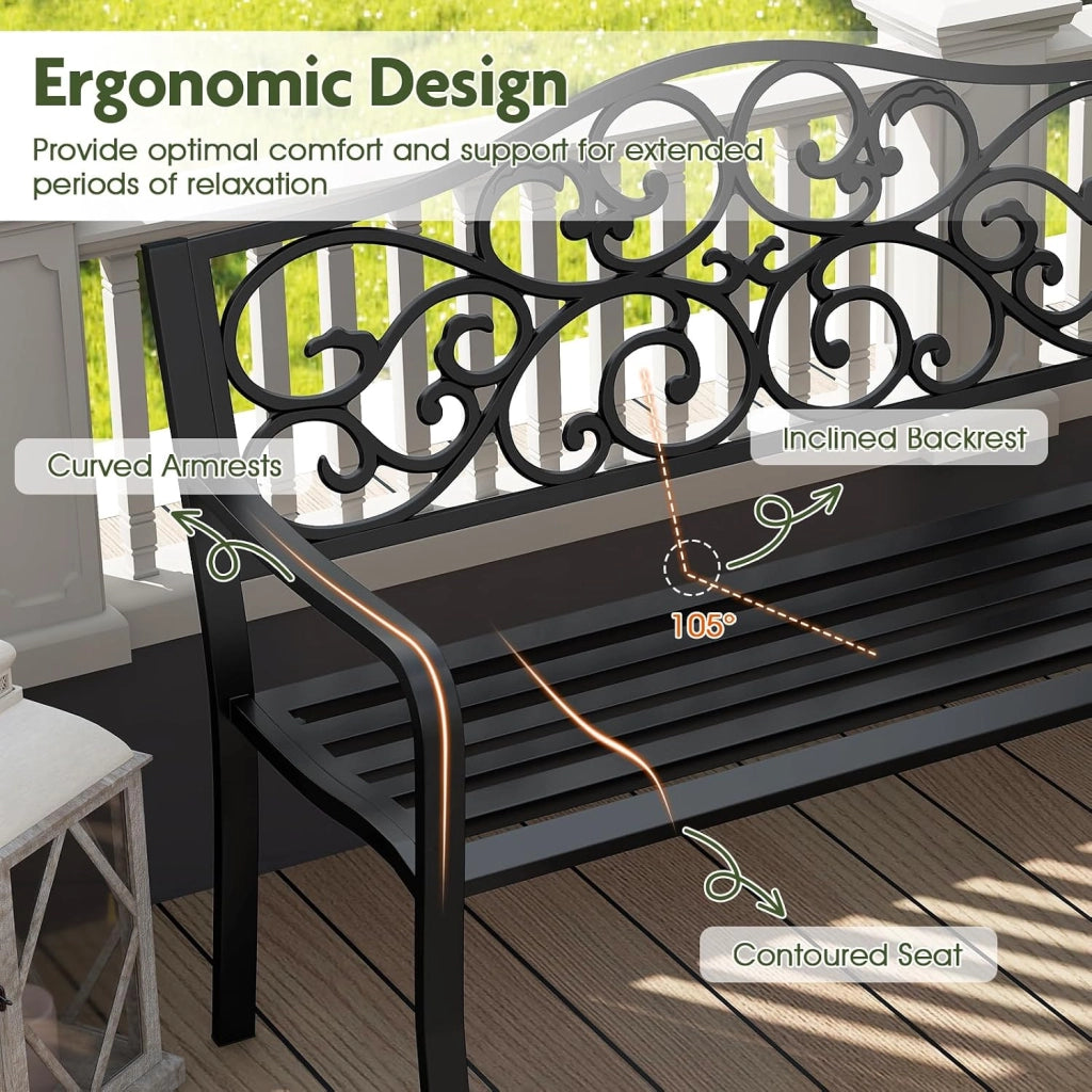 Panca da giardino a 2 posti, panca da parco in metallo, sedia da parco con schienale reclinabile, carico di 300 kg, per balcone, terrazza, nero, 128 x 62 x 89 cm, motivo: ali di vite