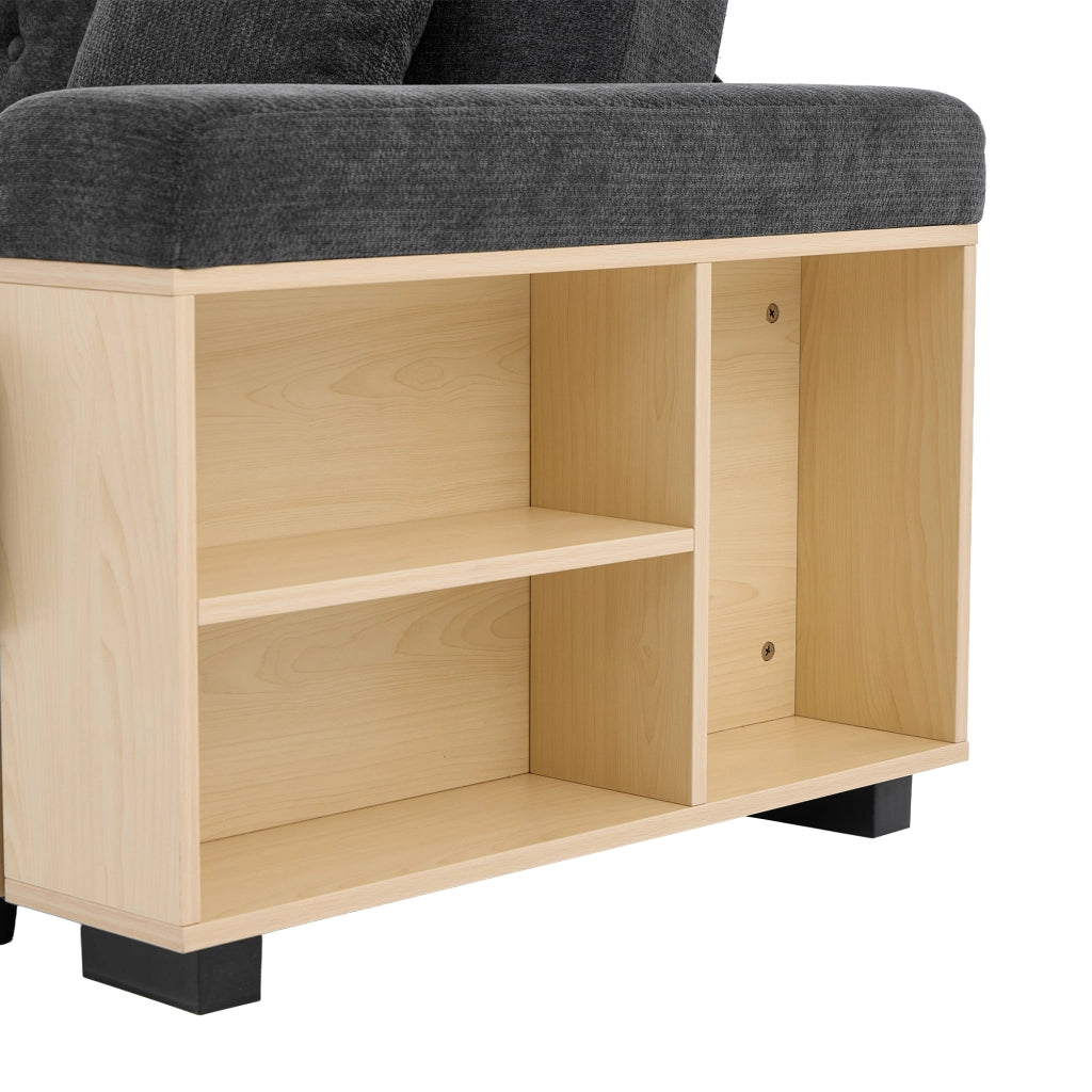 Divano modulare, schienale regolabile, 2 cassetti, tessuto chenille, struttura in MDF, con portabicchieri, poggiapiedi con vano portaoggetti, grigio
