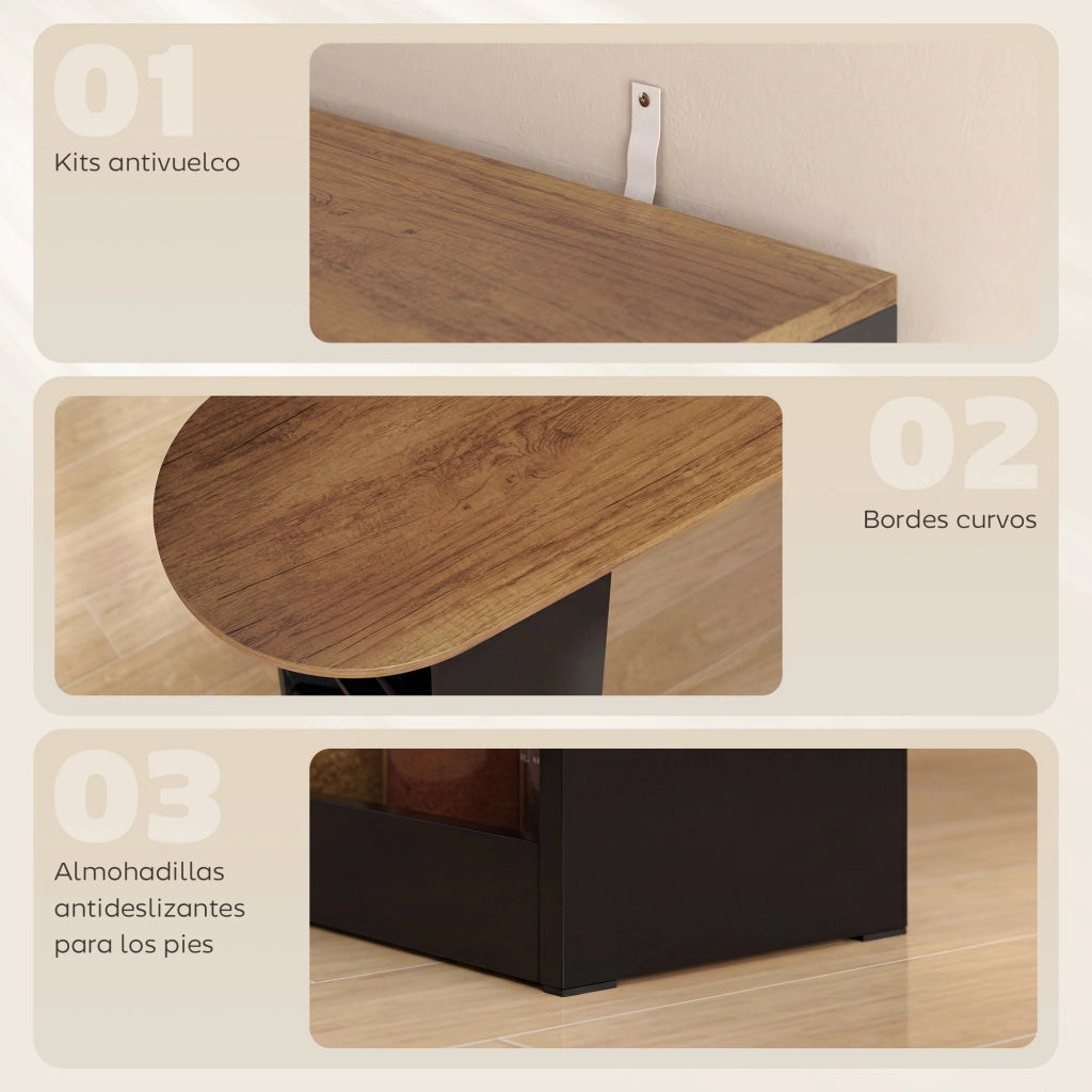 Tavolo da Bar Allungabile e Girevole con Ripiani e 2 Ante in Vetro ¨C Zephmum ¨C 150x80x105,5 cm Nero e Naturale