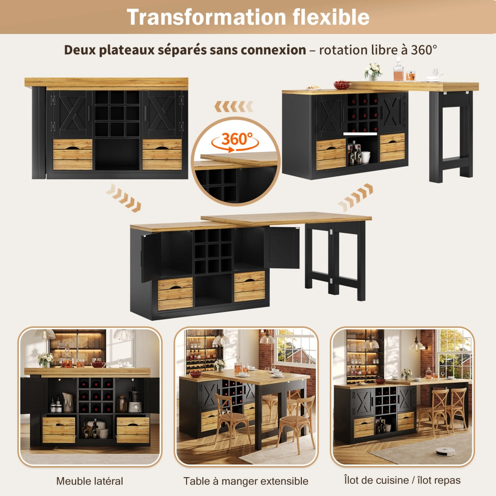 Tavolo estensibile con credenza; piano girevole a 360°; contenitore; per cucina e soggiorno; nero; 120 × 40 × 72 cm