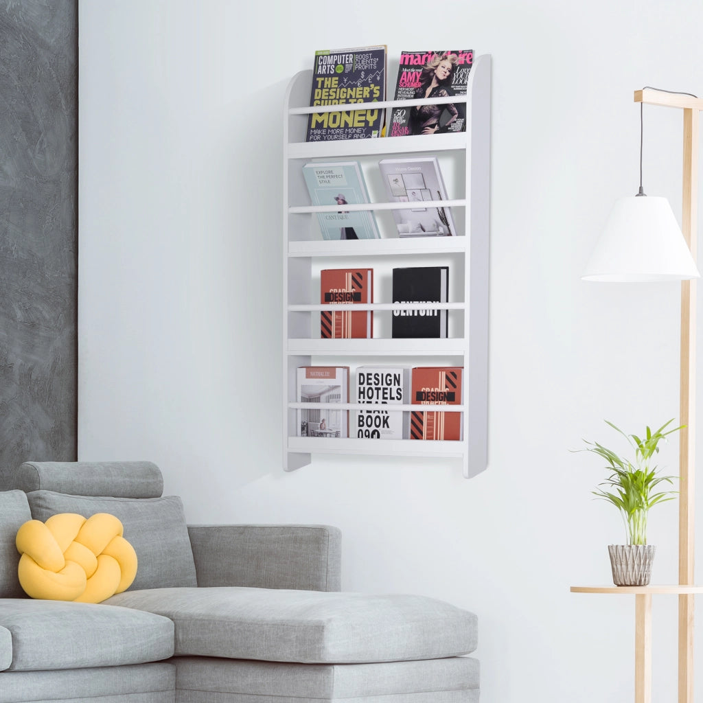 Libreria da Parete con 4 Ripiani in Legno Bianco Impermeabile, Carico Massimo 30kg (59cm x 12cm x 113cm)