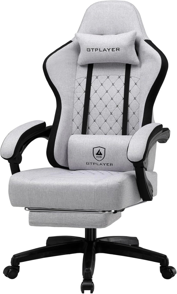 Sedia da gaming, ergonomica, da scrivania, con superficie in tessuto, cuscino a molla, braccioli di collegamento e poggiapiedi, bianco-rosa