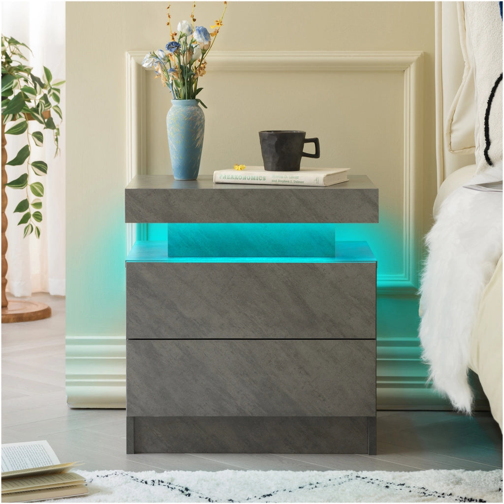 Comodino con LED regolabile, 2 cassetti e vano aperto, per camera da letto, in legno ingegnerizzato, grigio scuro