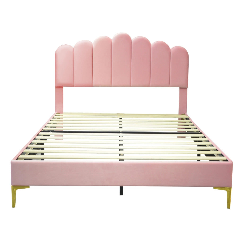 Letto matrimoniale imbottito 140x200 cm in velluto rosa con testiera regolabile