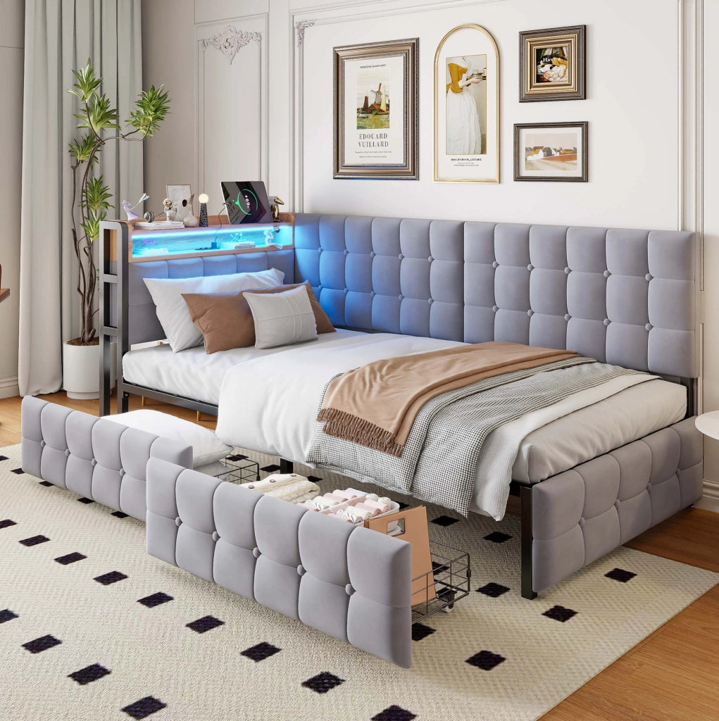 Divano letto 90x200 cm con LED e 2 cassetti in tessuto grigio