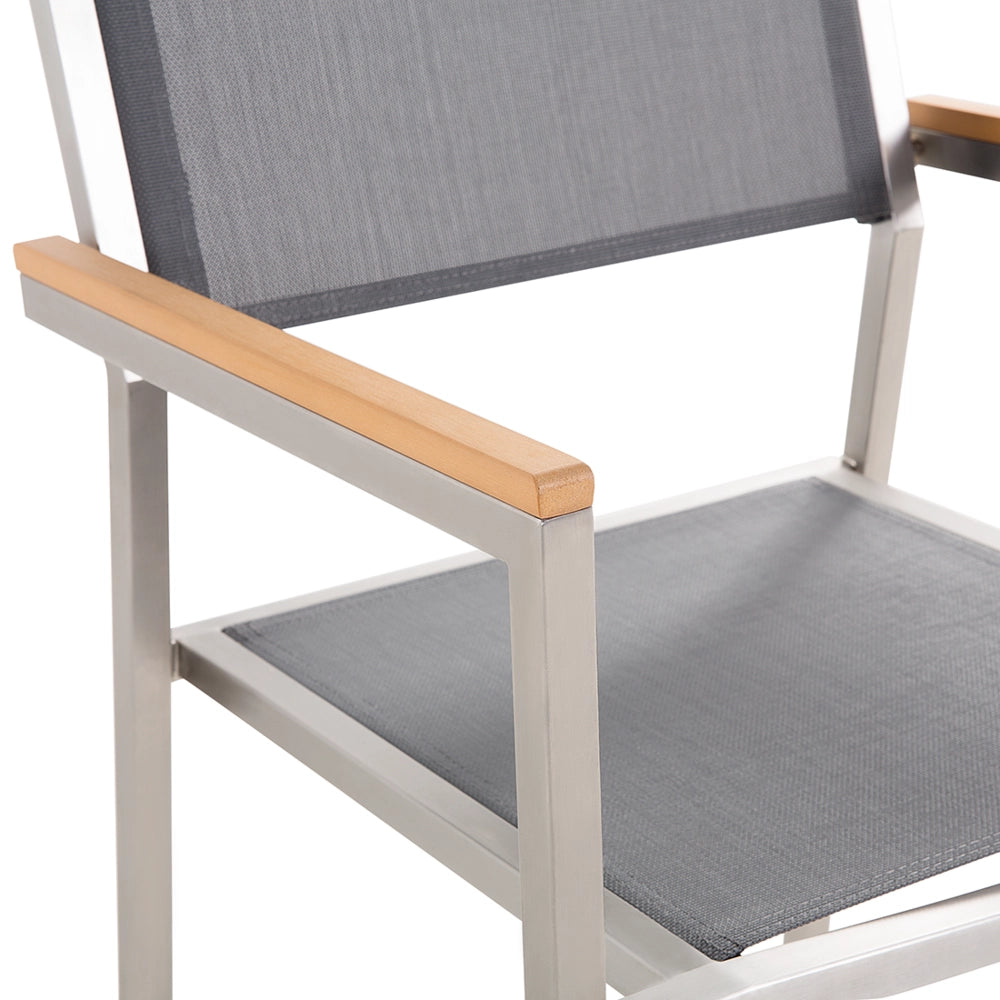 Set da giardino con 6 posti in acciaio inox con tavolo piano in vetro grigio e Sedie in tessuto grigio esterno moderno set elegante