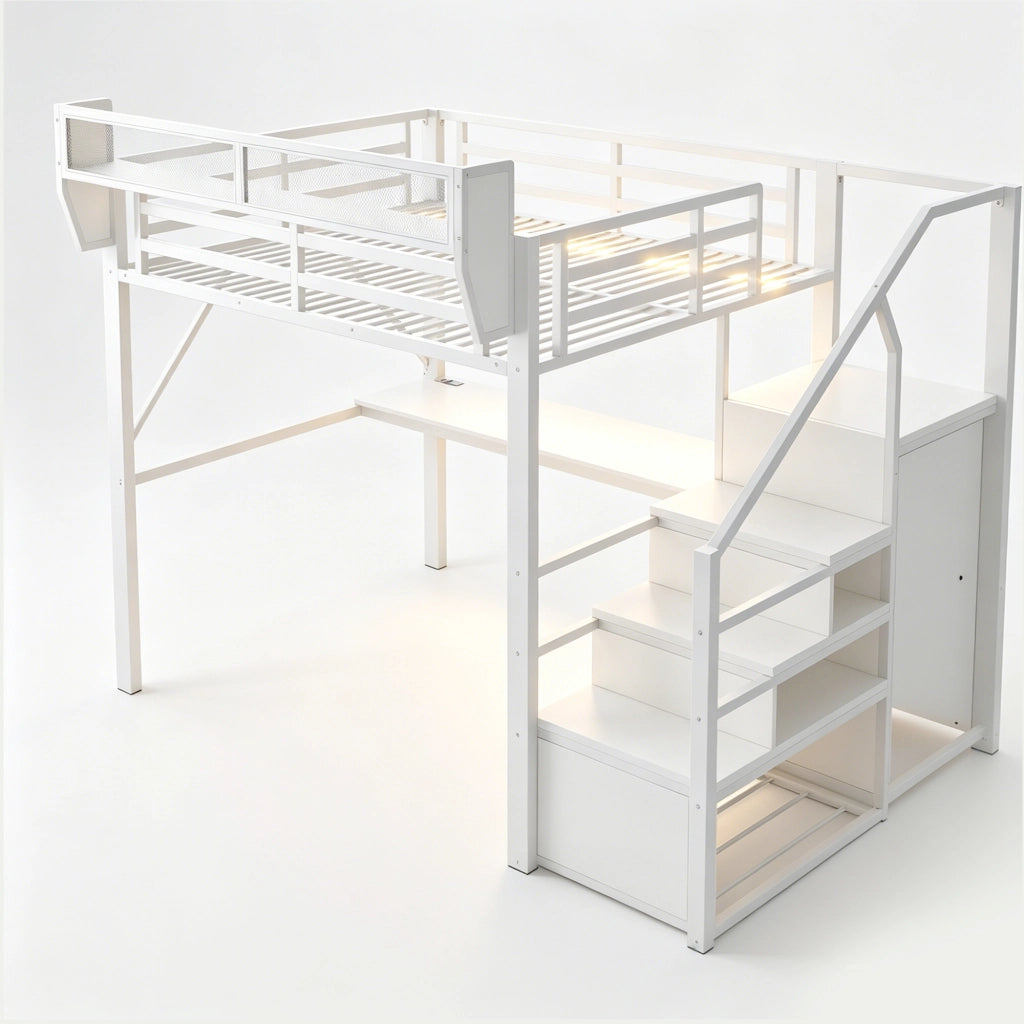 Letto a soppalco 140 × 200 cm con scrivania, scaffale regolabile, LED e scala di sicurezza, senza materasso, bianco