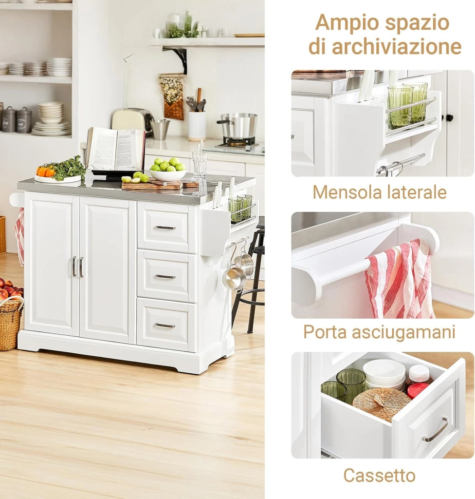 isola cucina piano lavoro in acciaio inox anti-impronta carrello da cucina con ruote mobile cucina con 3 cassetti Bianco 130x91x(46-71) cm FKW41-ST