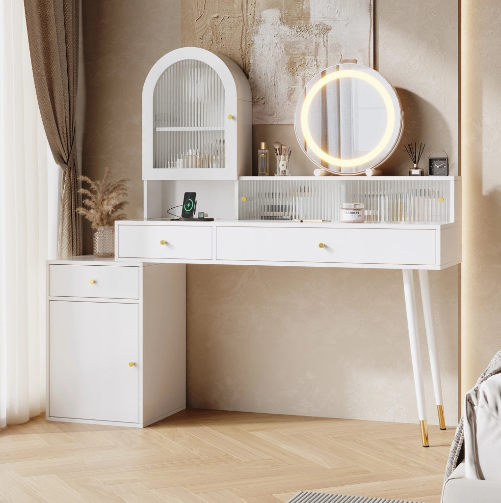 Tavolo trucco con specchio LED, porte USB e Type-C, 2 prese e ampio spazio