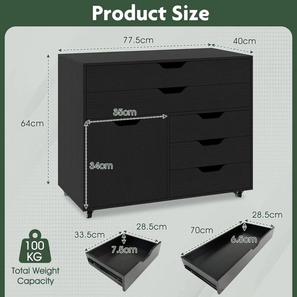 Cassettiera con 5 cassetti e 1 armadietto, armadietto mobile a 5 ruote, cassetto sotto scrivania, 77,5 x 40 x 64 cm (nero)
