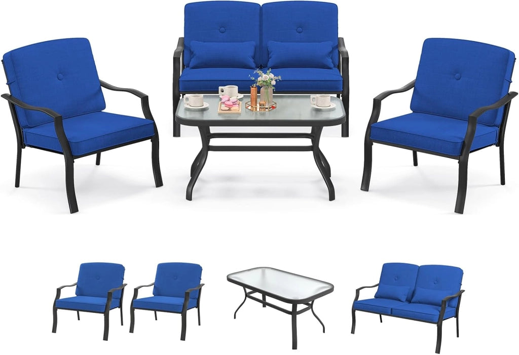 Set di mobili da giardino, 4 pezzi, per 4 persone, set di mobili da giardino, 2 poltrone, 1 divano e 1 tavolino da caffè, mobili da esterno, cuscini rimovibili (blu)