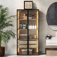 Armadio da bagno con illuminazione LED, 2 grandi cassetti e 2 ante in vetro, 74×36×155 cm, Naturale