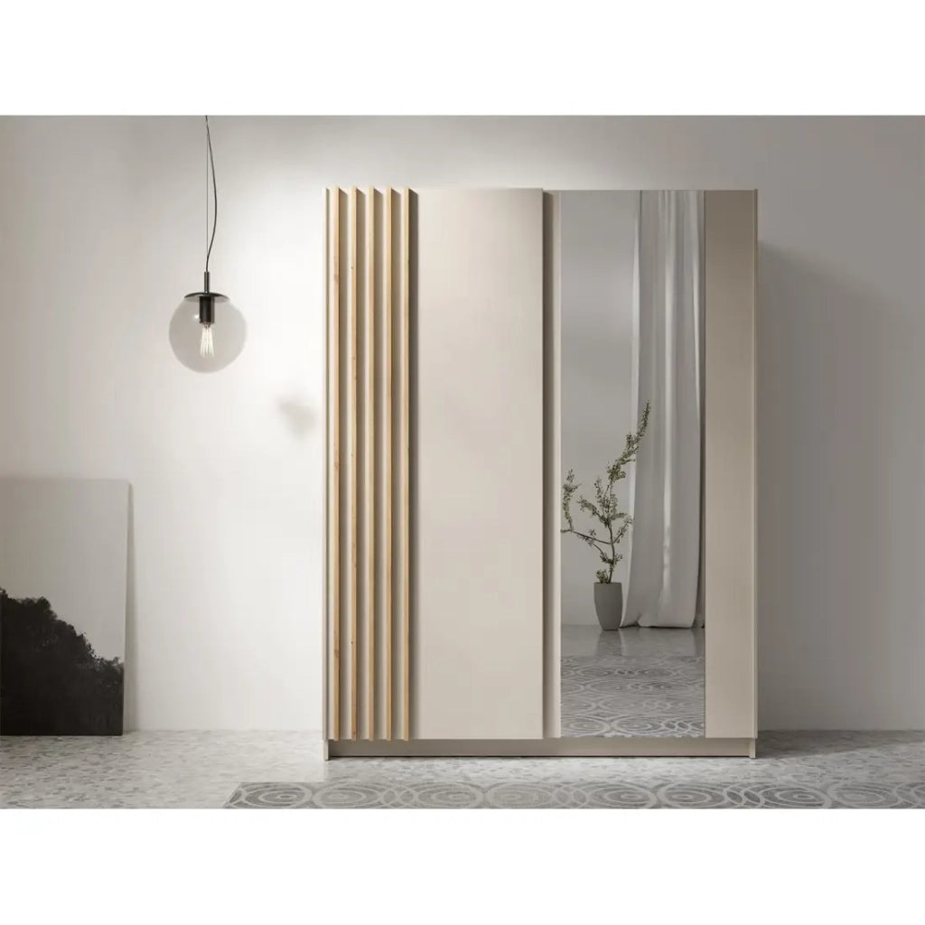 Armadio VARIA 150 cm cachemire e quercia con specchio e porte scorrevoli