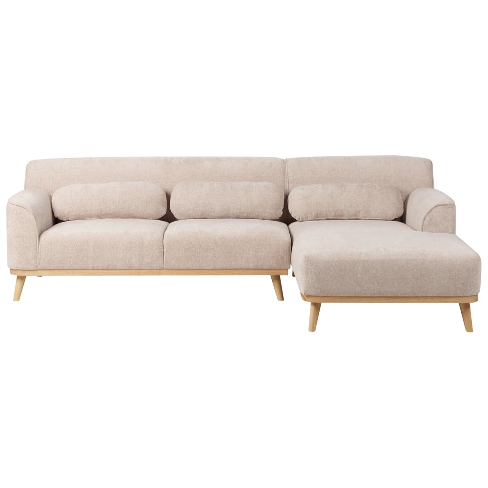 Divano angolare 3 posti sinistro imbottito in ciniglia beige con funzione di dormiente e schienale imbottito estraibile Gambe in legno