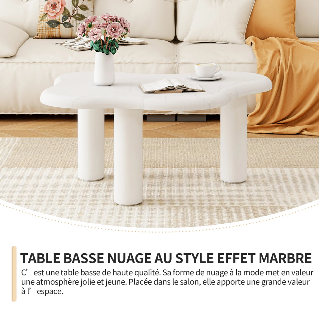 Tavolino da caffè a nuvola con bordi arrotondati e 3 gambe; effetto marmo; per soggiorno; in truciolare; bianco; 102.5 × 72.7 × 19.5 cm