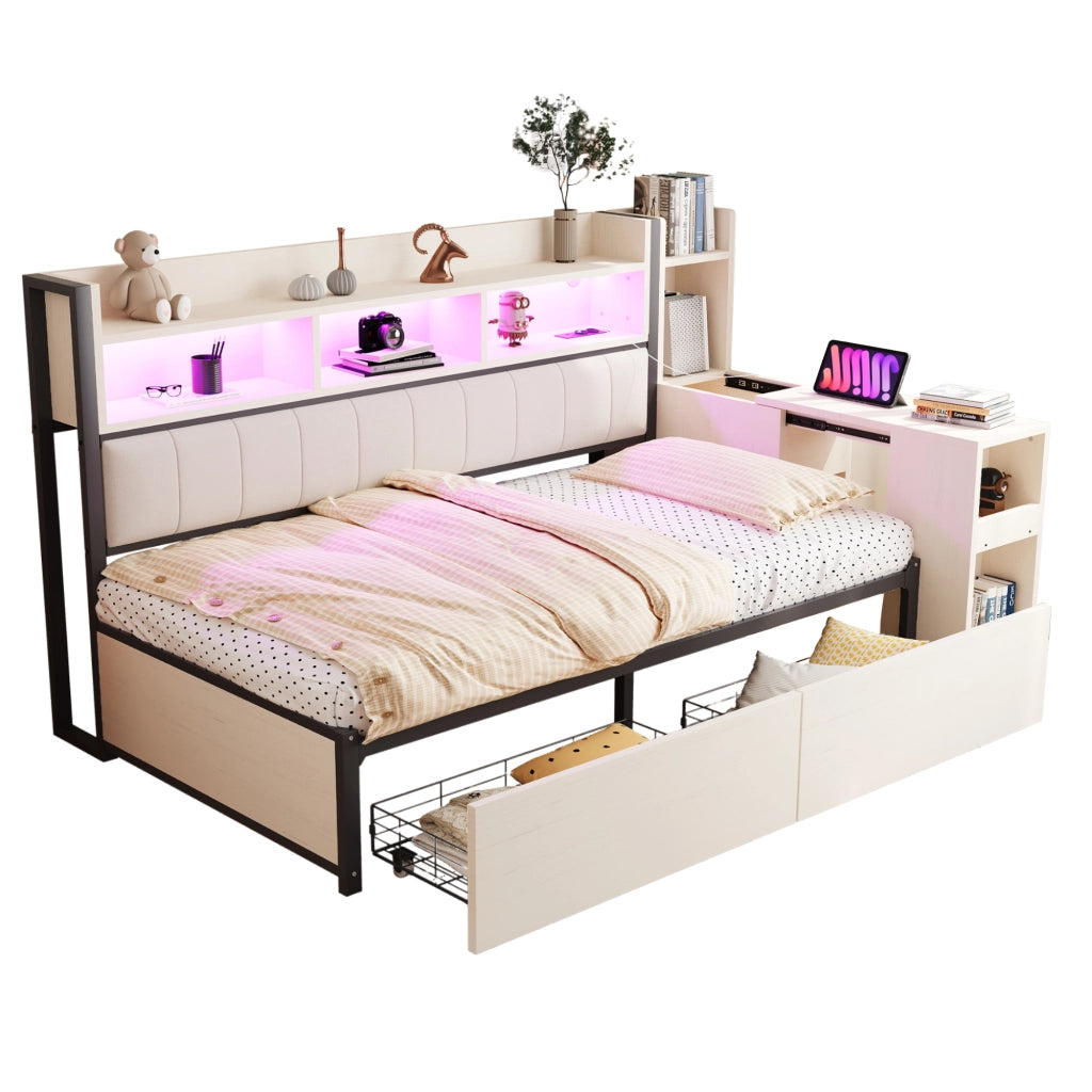 OKWISH Letto Divano 90×200 cm, Letto Singolo con Scaffali, Cassetti, Prese, Scrivania Estraibile e LED, senza Materasso, Bianco