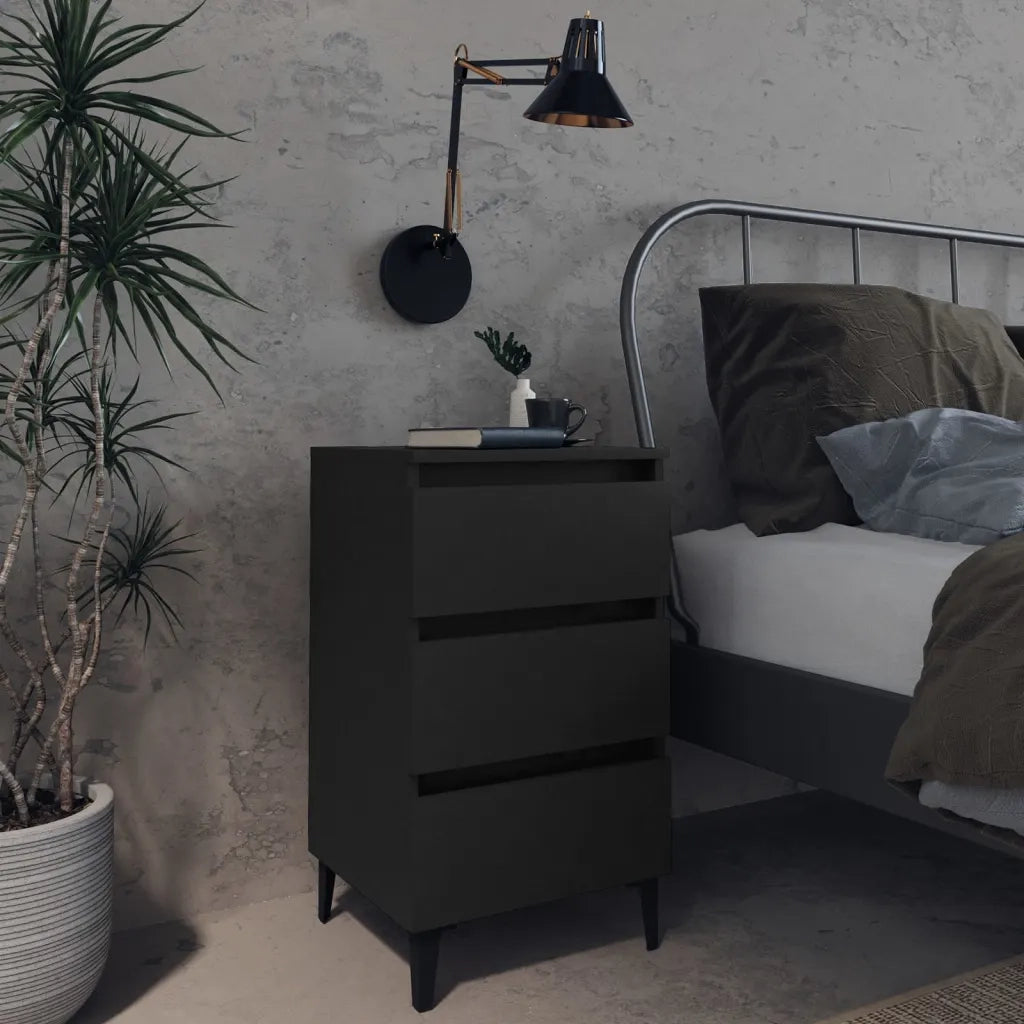 Comodino con Gambe in Metallo-Tavolino da notte Nero 40x35x69 cm