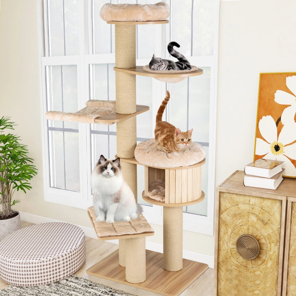Albero tiragraffi per gatti moderno e alto, Albero per gatti multistrato con nicchia in legno trespolo Beige-Alberi Tiragraffi