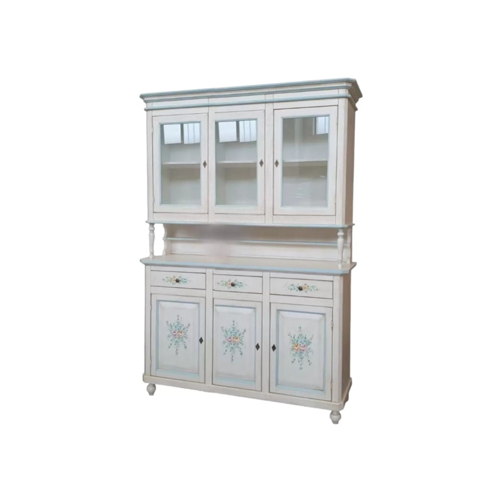 Cristalliera 3 ante legno bianco invecchiato decori filo azzurro 150x43x208 - Mobili 2G