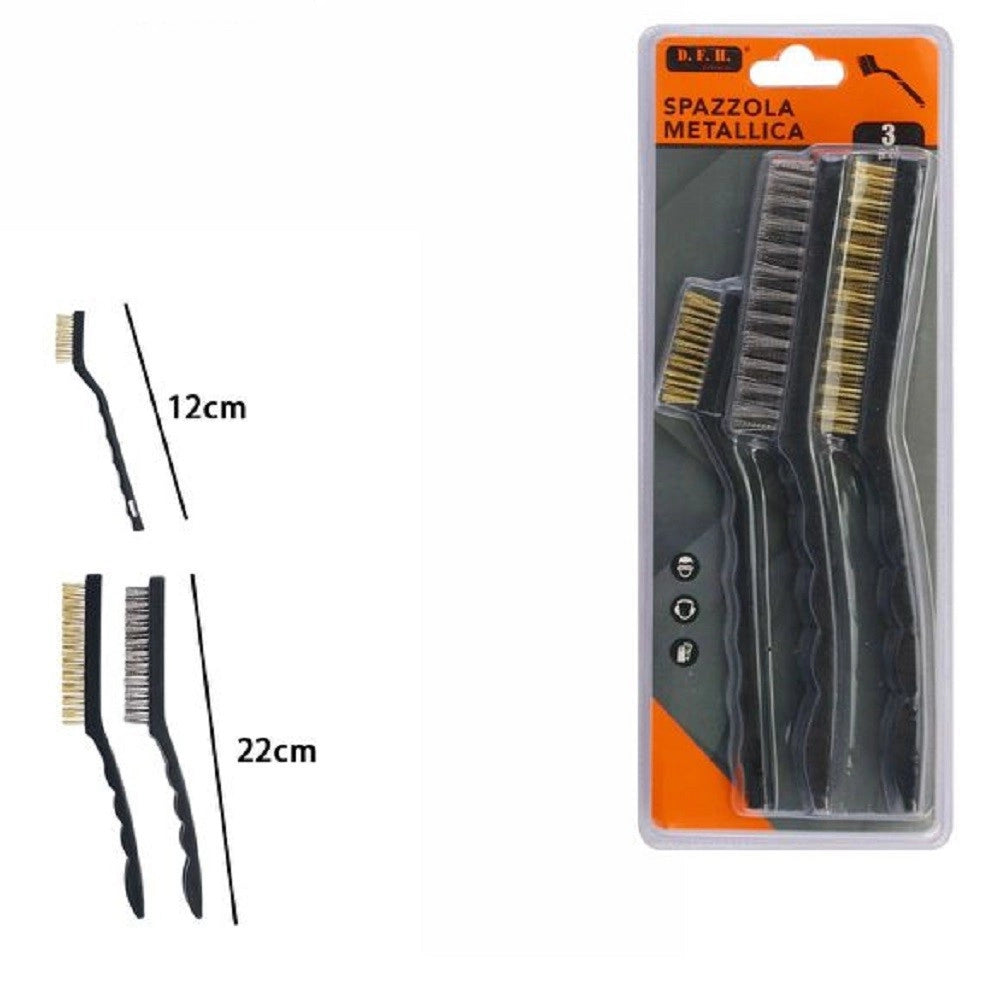 Trade Shop - Set 3 Pz Spazzola Metalliche Per Ferro Metallo 2 Lunghe 22cm 1 Corta 12cm 07056 -
