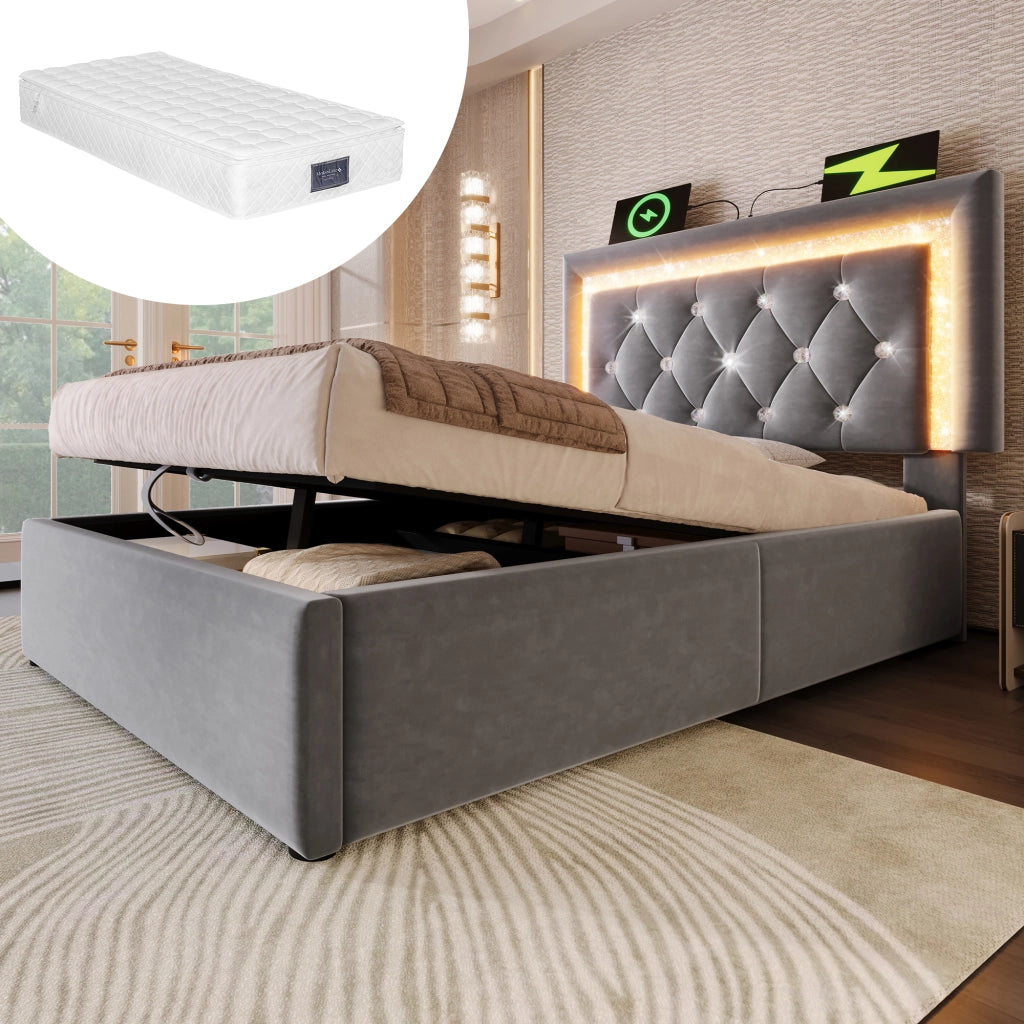 OKWISH Letto Contenitore 90×200 cm, Letto Singolo con LED Regolabile, USB, Tipo C e Testiera, Materasso Incluso, in Velluto, Grigio