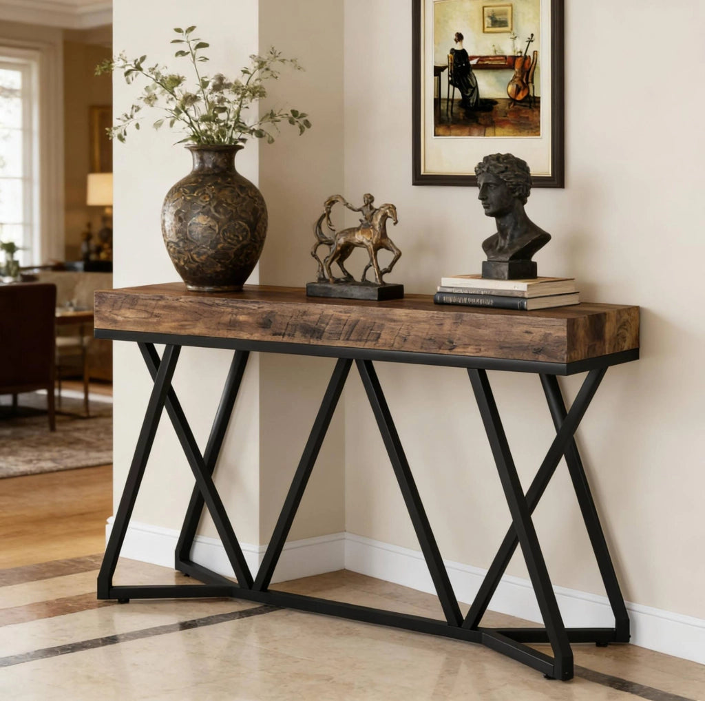 Tavolo consolle 140 x 30 cm in MDF e metallo; nero e marrone rustico