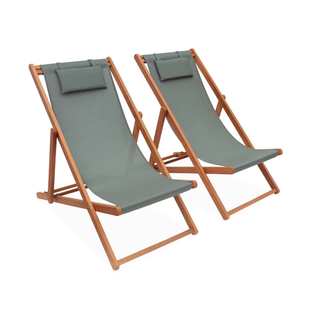 Set 2 lettini prendisole in legno con cuscino poggiatesta, verde kaki