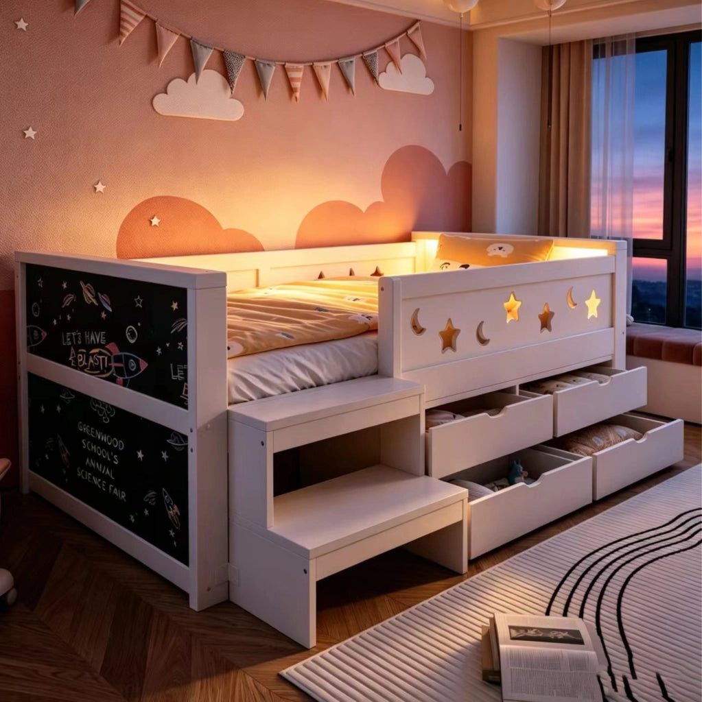 Letto multifunzionale per bambini 90 x 200 cm bianco con LED, lavagna e cassetti