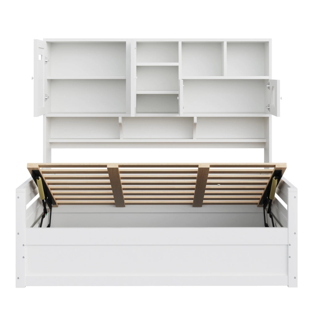 Letto a Divanetto Singolo 90 x 200 cm; Contenitore e Mensole - in Legno - Bianco