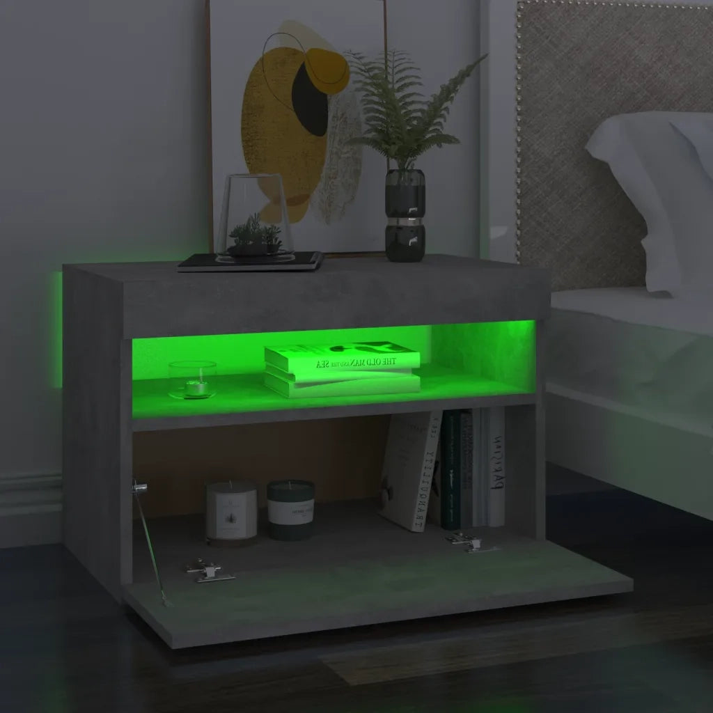 Comodino con Luci LED-Tavolino da notte Grigio Cemento 60x35x40 cm