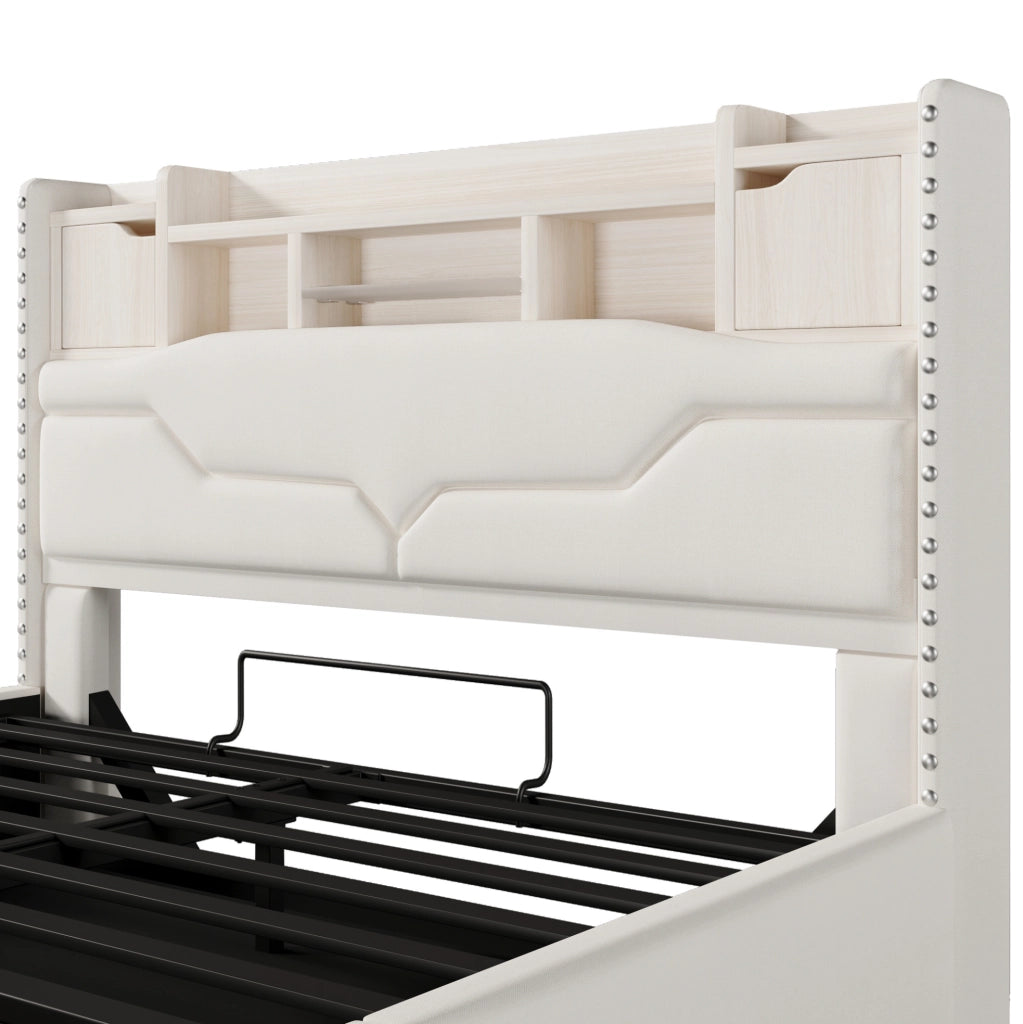 Letto matrimoniale 160x200 cm con contenitore idraulico, LED e prese USB/C