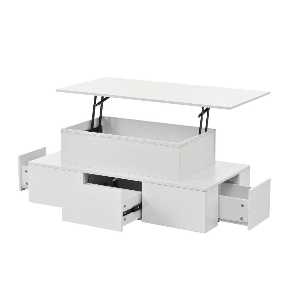 Tavolino da salotto elevabile 100x50x40 cm in MDF bianco lucido con LED e 4 cassetti