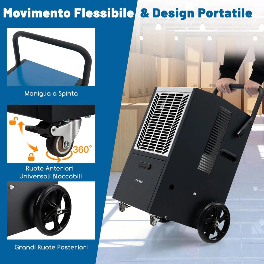 66 L Deumidificatore Commerciale, Deumidificatore con Pompa e Tubo di Drenaggio, Deumidificatore Industriale con Timer 24H e 4 Ruote per Cantina Magazzino (Bianco)