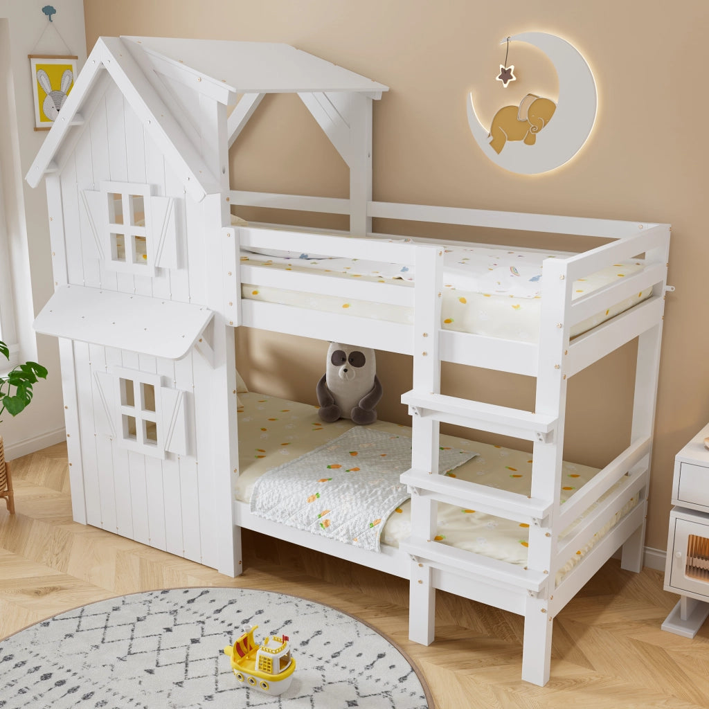 Letto a Castello 90 x 200 cm; Letto per Bambini - con Tetto e Finestre - Bianco