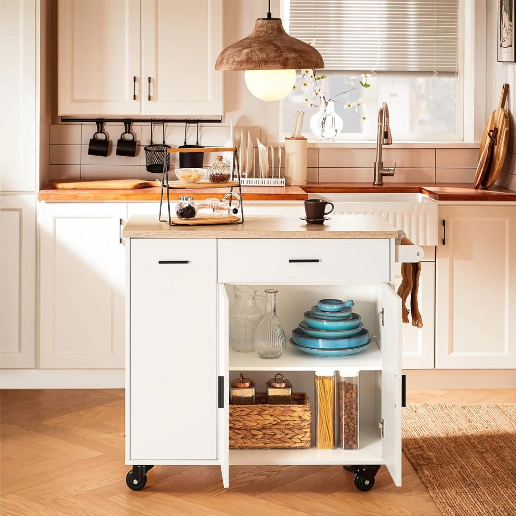 Carrello Cucina Isola Cucina con Ruote Mobile da Cucina Salvaspazio con Cassetti, Penisola Cucina con Piano Lavoro - Mobile Cucina con Ruote Portatutto Bianco 105x46x92 cm FKW126-WN