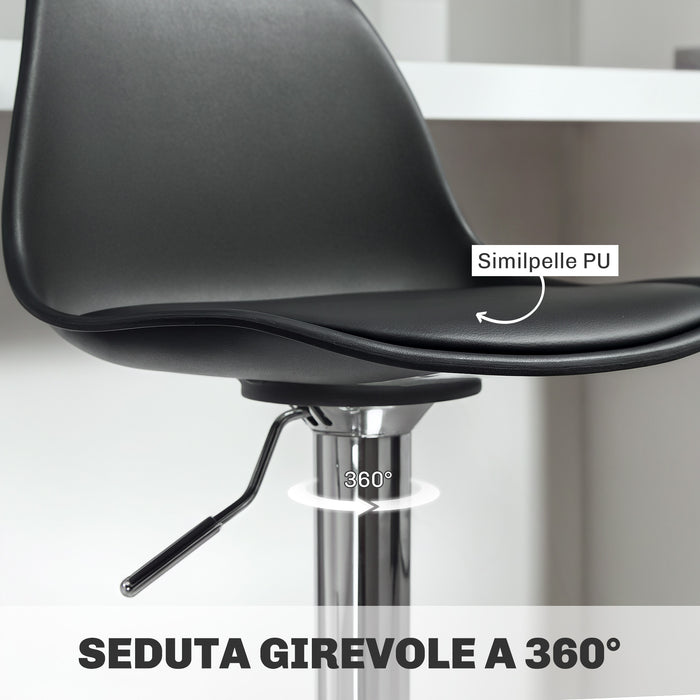 Set 2 Sgabelli da Bar 38x42x82-104 cm con Schienale e Poggiapiedi in PP Pelle PU e Acciaio Nero