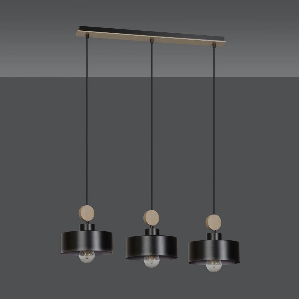 Lampadario 3 Luci Zhurong In Acciaio Nero E Paralumi Con Legno Naturale