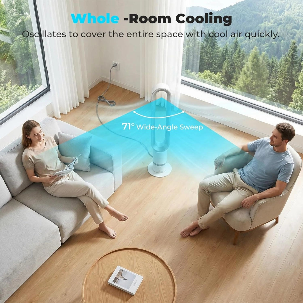 Ventilatore a torre senza lama, 10 velocità, oscillante a 71°, timer 9H, con telecomando, sicurezza per bambini, silenziatore, con display a LED, per camera da letto, ufficio
