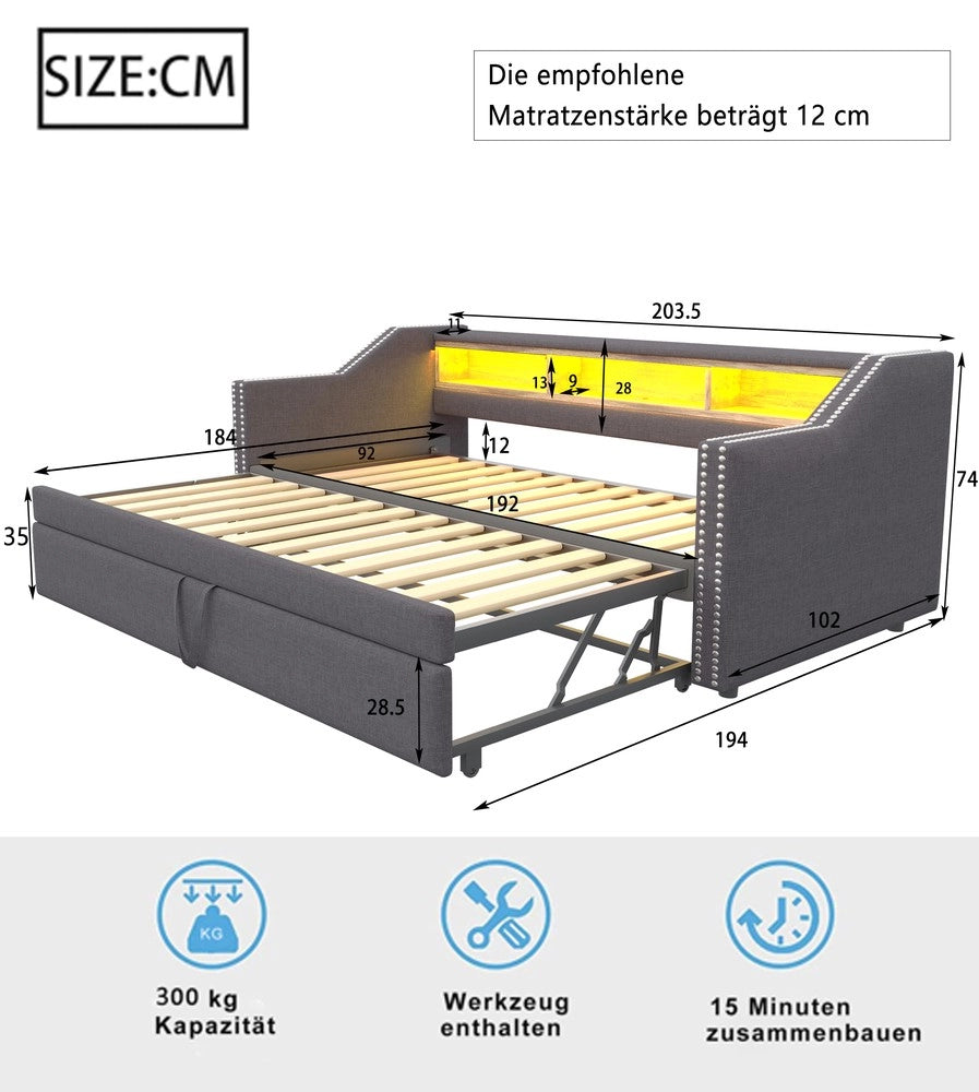 Letto Imbottito Contenitore con LED ¨C MINIMAL ¨C Grigio Scuro, 90x190/180x190