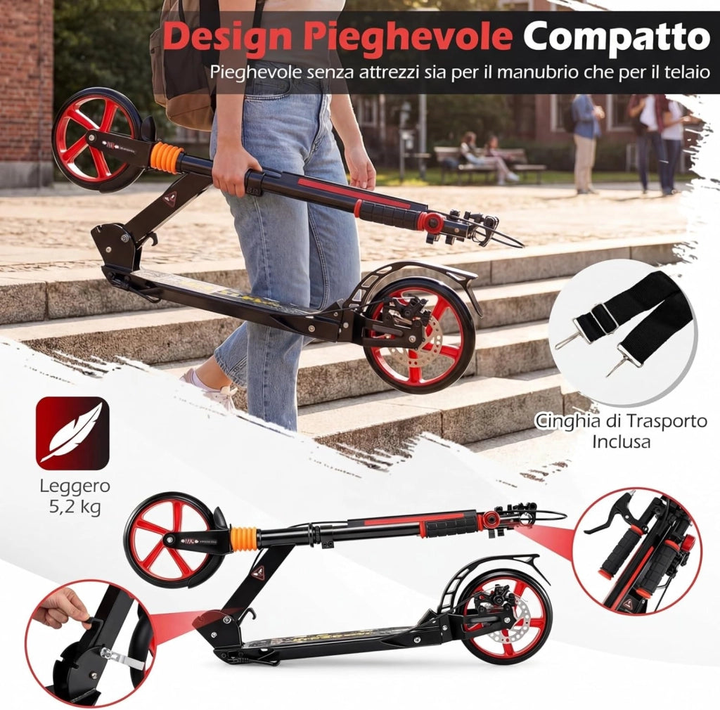 Monopattino Bambini e Adulti, Monopattino a Spinta Pieghevole e Regolabile in 3 Altezze, Monopattino Portatile con 2 Ruote, Cavalletto, Freno e Pedale Antiscivolo, Portata 100 kg