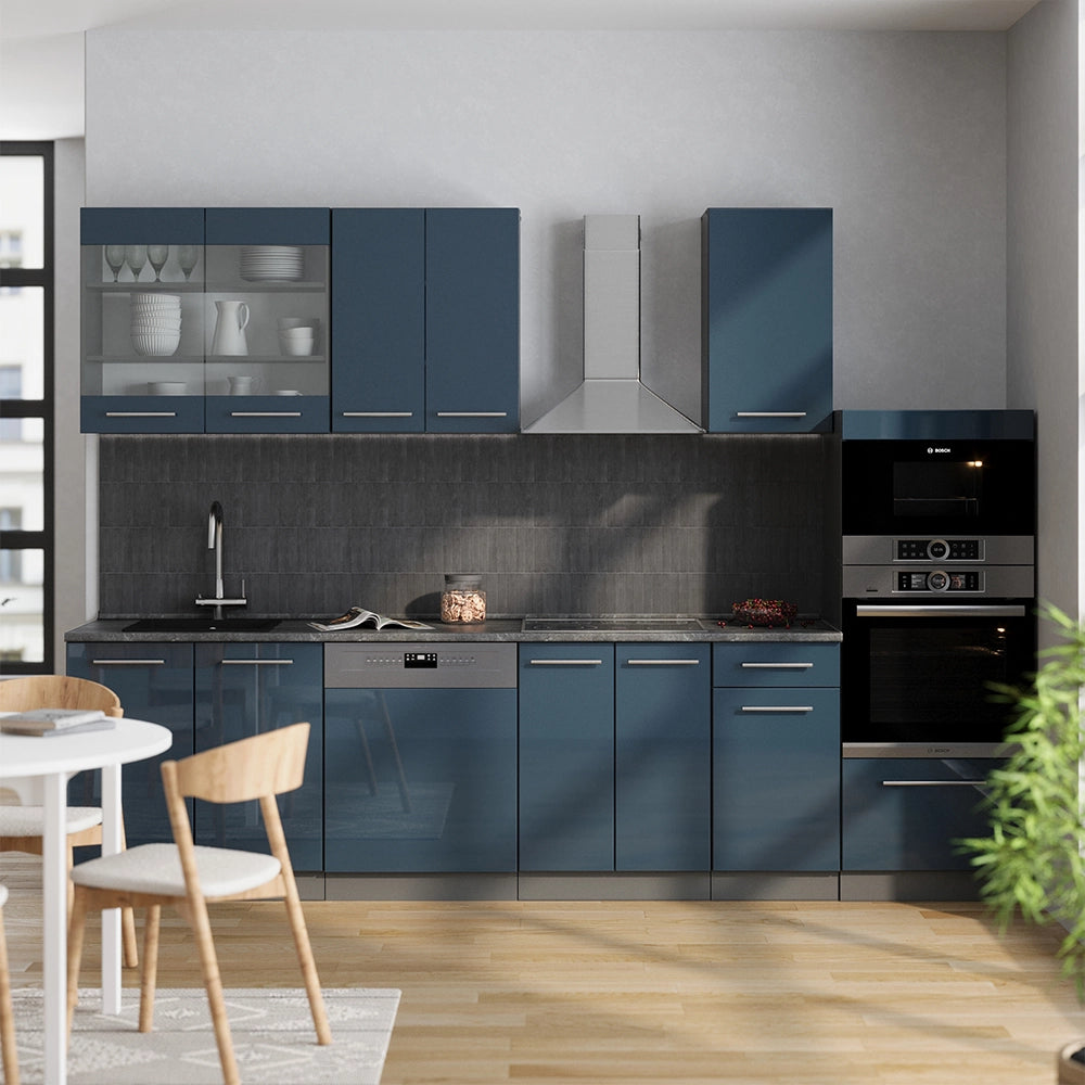 Cucina componibile Fame-Line Blu scuro lucido/Antracite 300 cm con armadio alto, PL Marmo Vicco