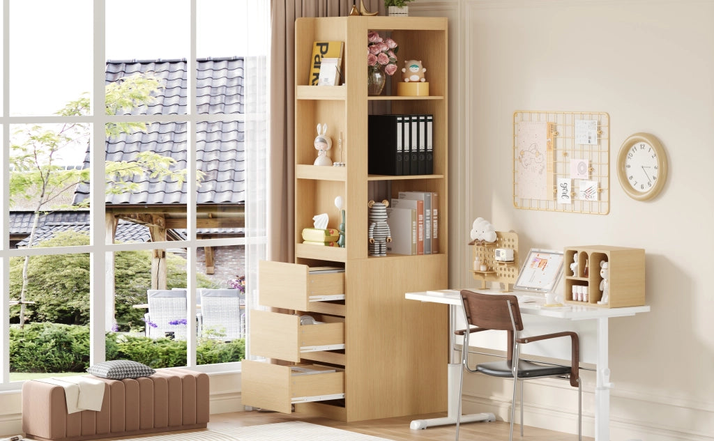 Libreria con 3 vani aperti e 3 cassetti, lato reversibile, con sicurezza antiribaltamento, rovere, 60 × 40 × 200 cm