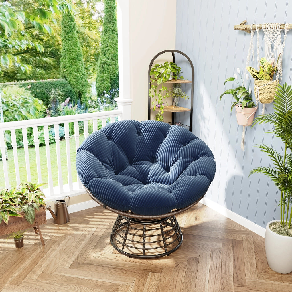 Poltrona Papasan Girevole in Rattan ¨C MINIMAL ¨C con Cuscino, Marrone/Blu