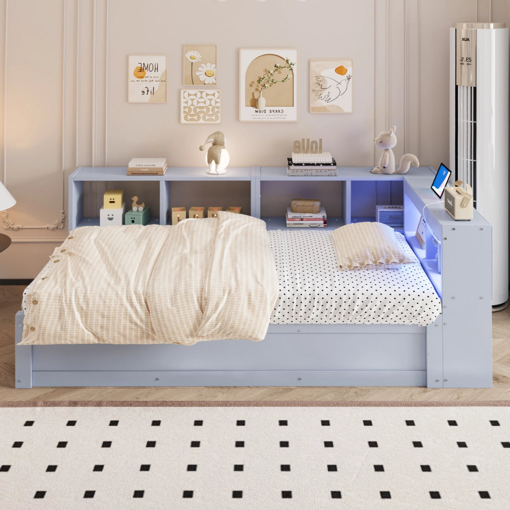 Letto divano singolo 90 × 200 cm con presa multifunzione, LED e contenitore idraulico, senza materasso, in MDF, grigio