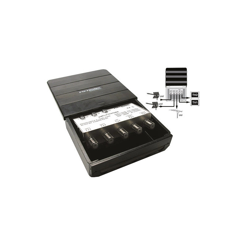 Amplificatore antenna – 3 ingressi 2 uscite 32 dB filtro 5G – Metronic